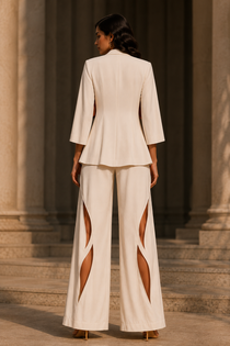Women’s Rust Asymmetric Draped Top with Ivory Blazer & Cut-Out Wide-Leg Trousers