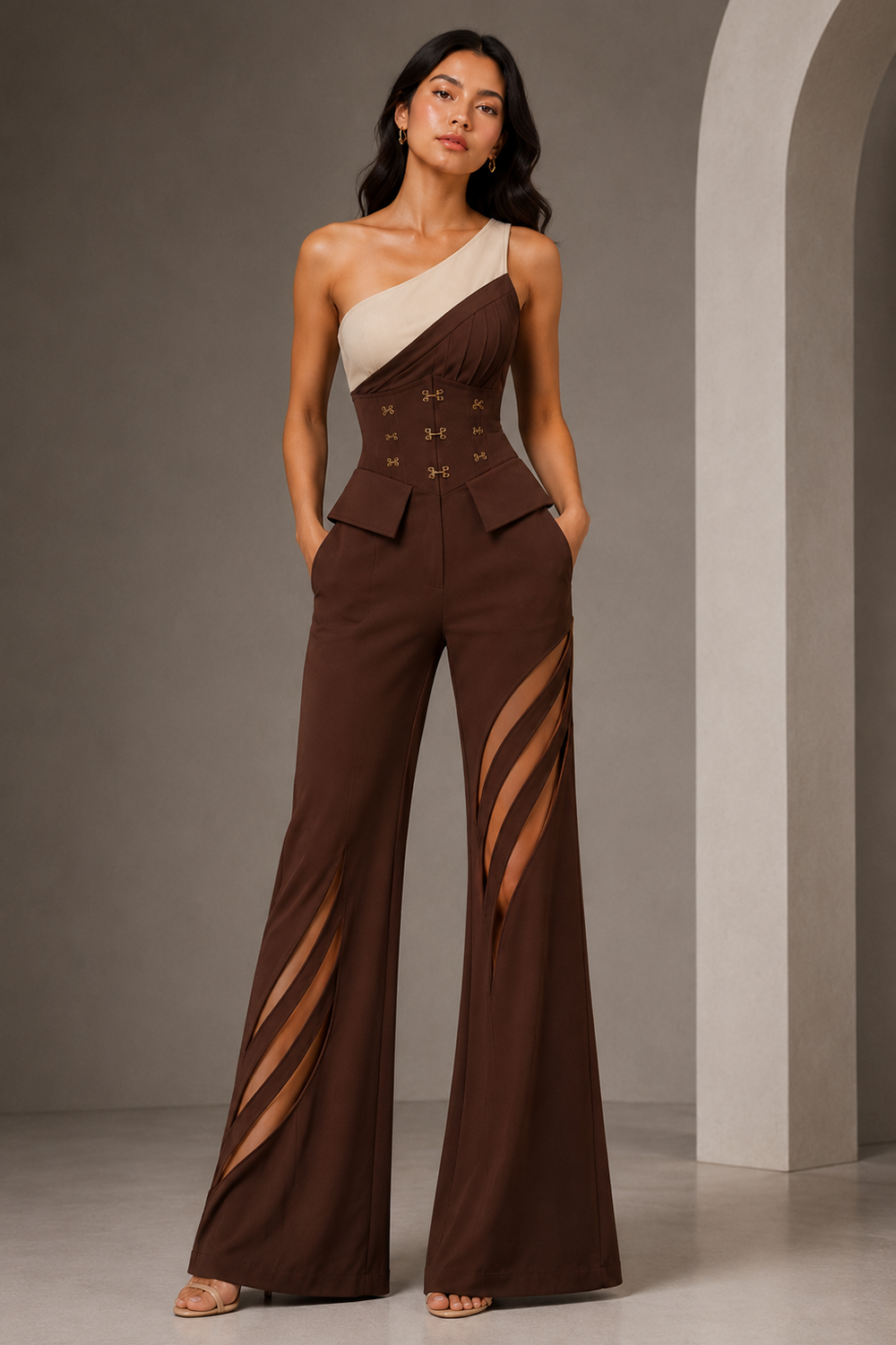 Women’s Chocolate Brown One-Shoulder Corset Jumpsuit with Beige Trim & Striped Cut-Out Wide-Leg Trousers Main image