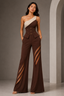 Women’s Chocolate Brown One-Shoulder Corset Jumpsuit with Beige Trim & Striped Cut-Out Wide-Leg Trousers