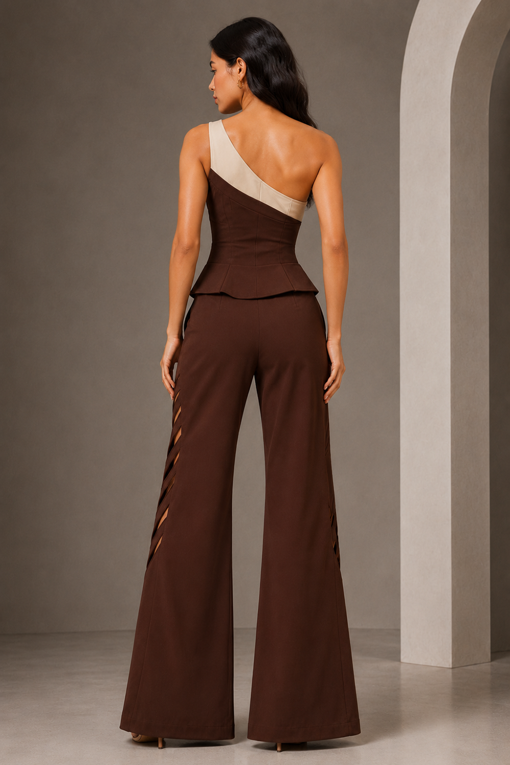 Women’s Chocolate Brown One-Shoulder Corset Jumpsuit with Beige Trim & Striped Cut-Out Wide-Leg Trousers Secondary image