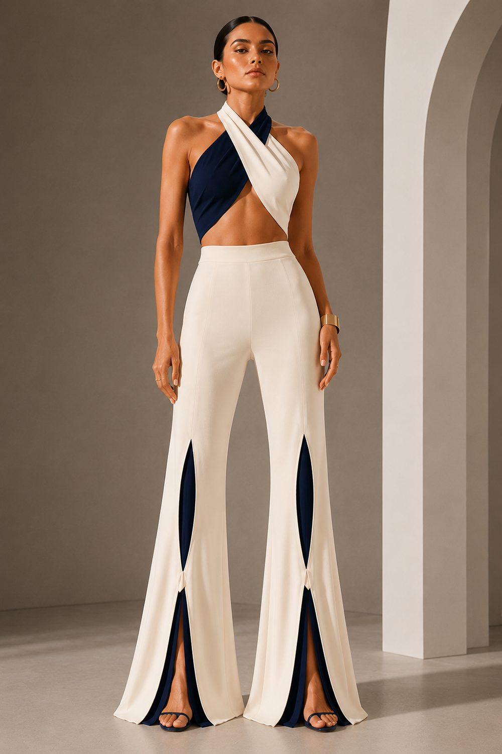 Women’s Navy Blue & Ivory Halter Crop Top with High-Waisted Wide-Leg Cut-Out Trousers Co-Ord Set