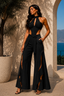 Women’s Black Halter Neck Corset Top with High-Waisted Wide-Leg Cut-Out Trousers Co-Ord Set