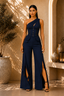 Women’s Navy Blue One-Shoulder Corset Top & Wide-Leg Cut-Out Trousers Co-Ord Set