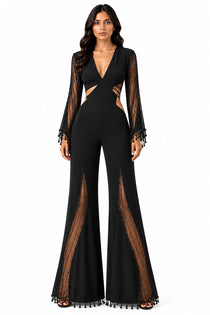 Black Elegant Deep V-Neck Flared Jumpsuit