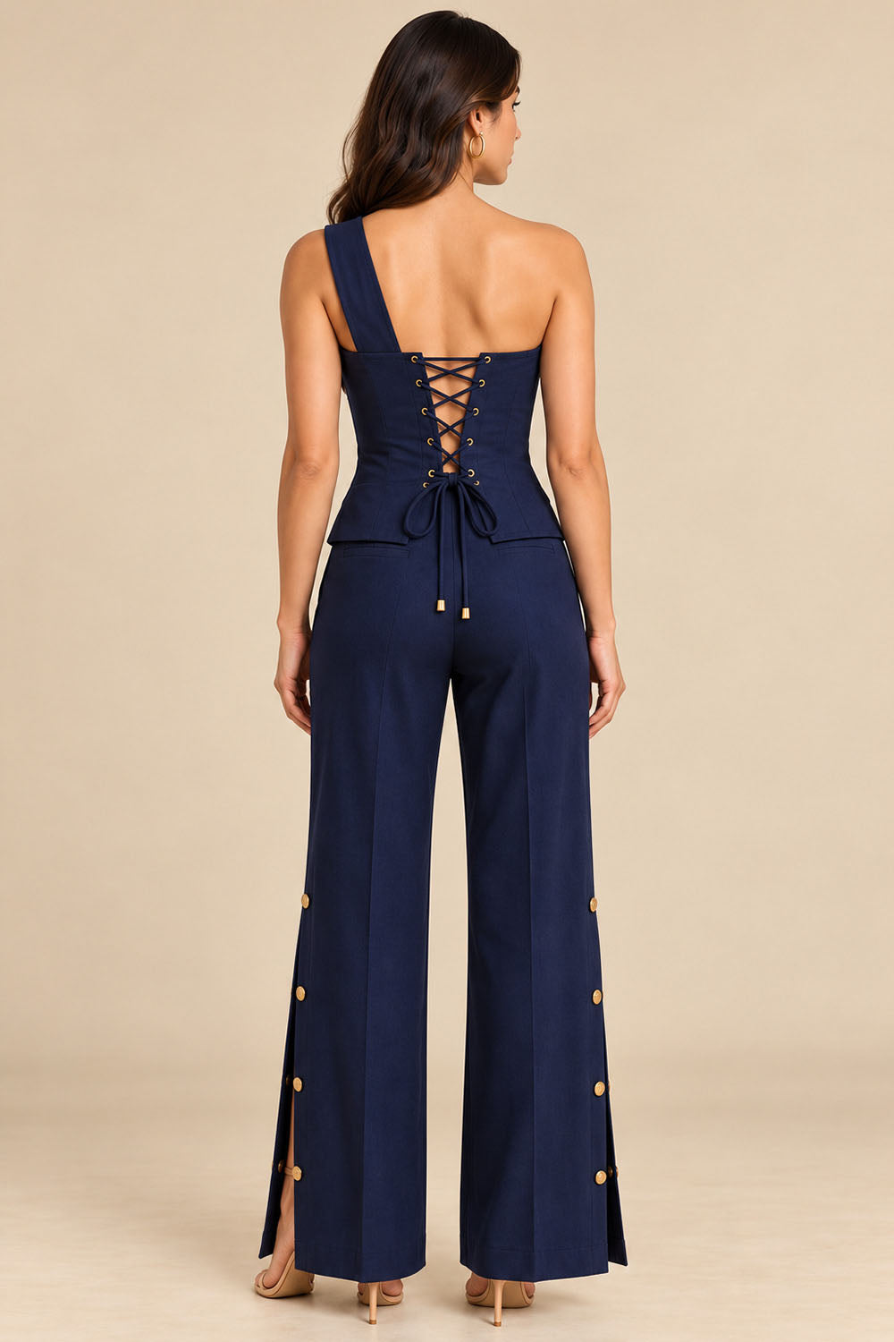 Navy Blue One-Shoulder Corset Top & Wide-Leg Trousers Co-Ord Set with Gold Button Details