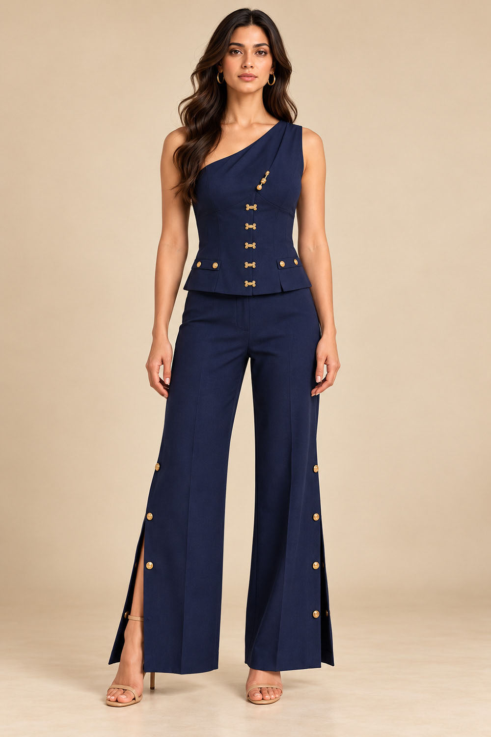 Navy Blue One-Shoulder Corset Top & Wide-Leg Trousers Co-Ord Set with Gold Button Details