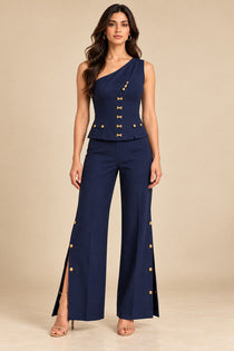Navy Blue One-Shoulder Corset Top & Wide-Leg Trousers Co-Ord Set with Gold Button Details