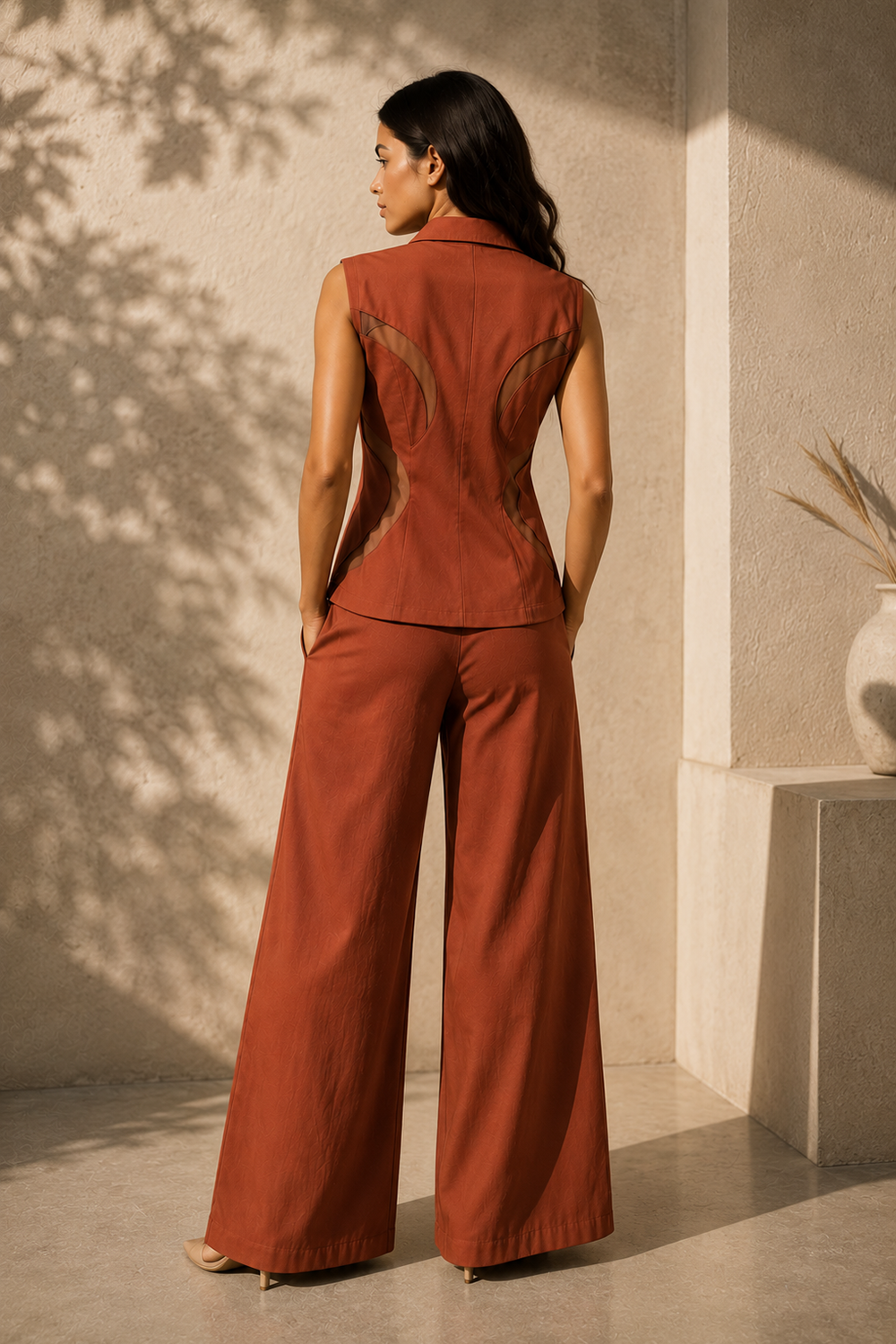 Elegant Rust Sleeveless Cotton Blend Co-Ord Set with Wide-Leg Trousers Secondary image