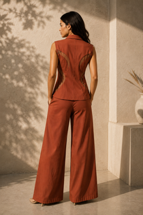 Elegant Rust Sleeveless Cotton Blend Co-Ord Set with Wide-Leg Trousers