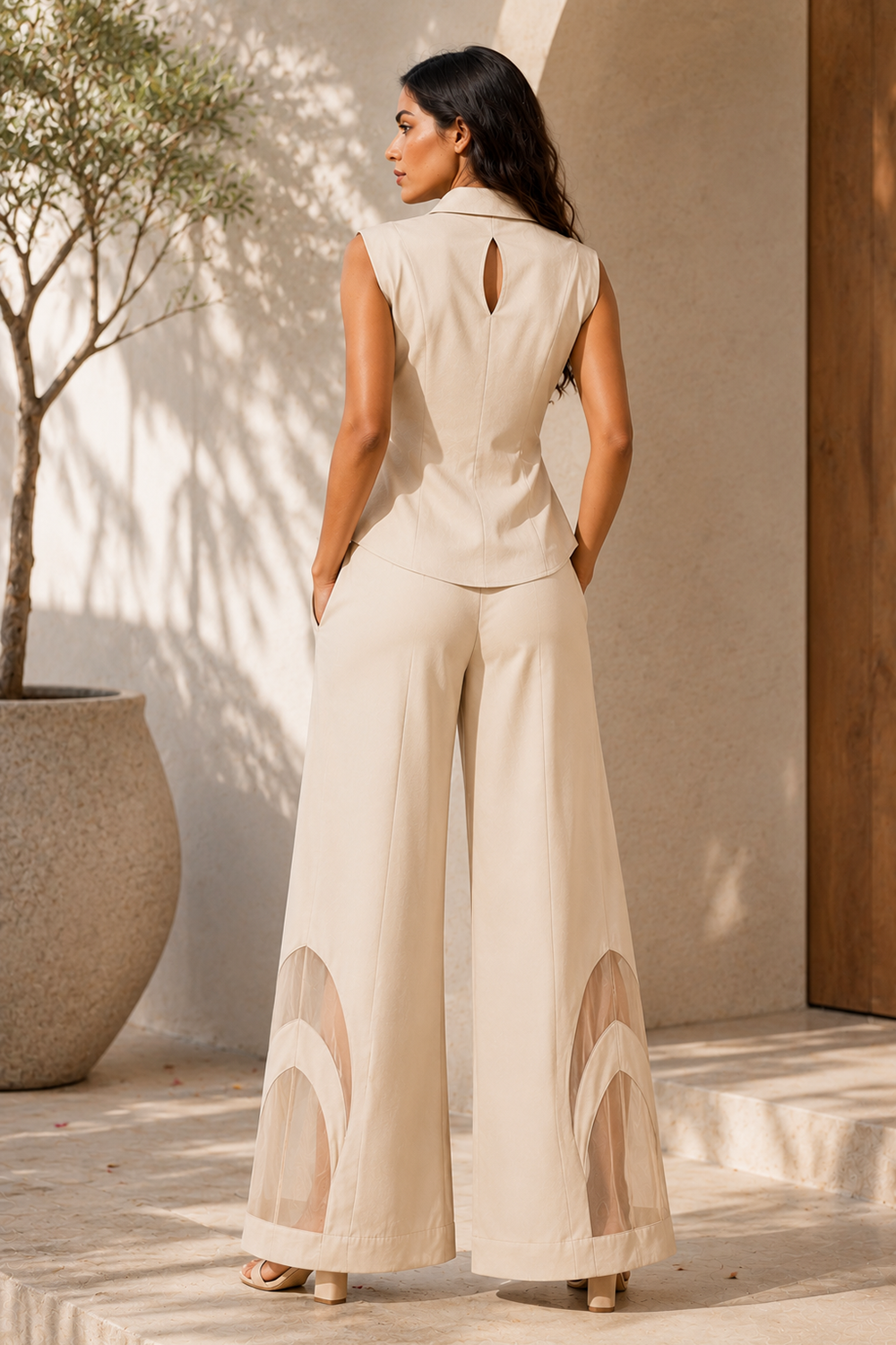 Elegant Beige Sleeveless Cotton Blend Shirt with Wide-Leg Trousers Secondary image