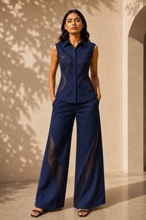 Navy Blue Cotton Blend Sleeveless Shirt & Wide-Leg Pants Co-Ord Set