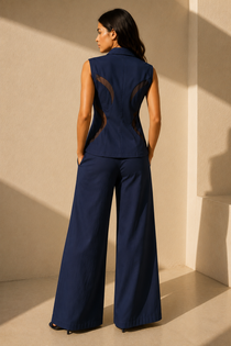 Navy Blue Cotton Blend Sleeveless Shirt & Wide-Leg Pants Co-Ord Set