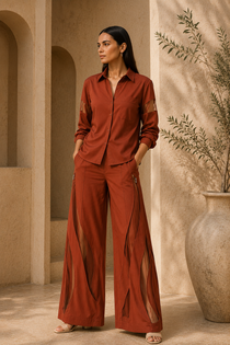Rust Cotton Blend Full Sleeve Shirt & Wide-Leg Pants Co-Ord Set