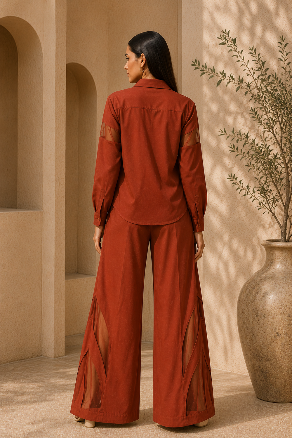 Rust Cotton Blend Full Sleeve Shirt & Wide-Leg Pants Co-Ord Set Secondary image