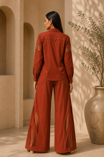 Rust Cotton Blend Full Sleeve Shirt & Wide-Leg Pants Co-Ord Set