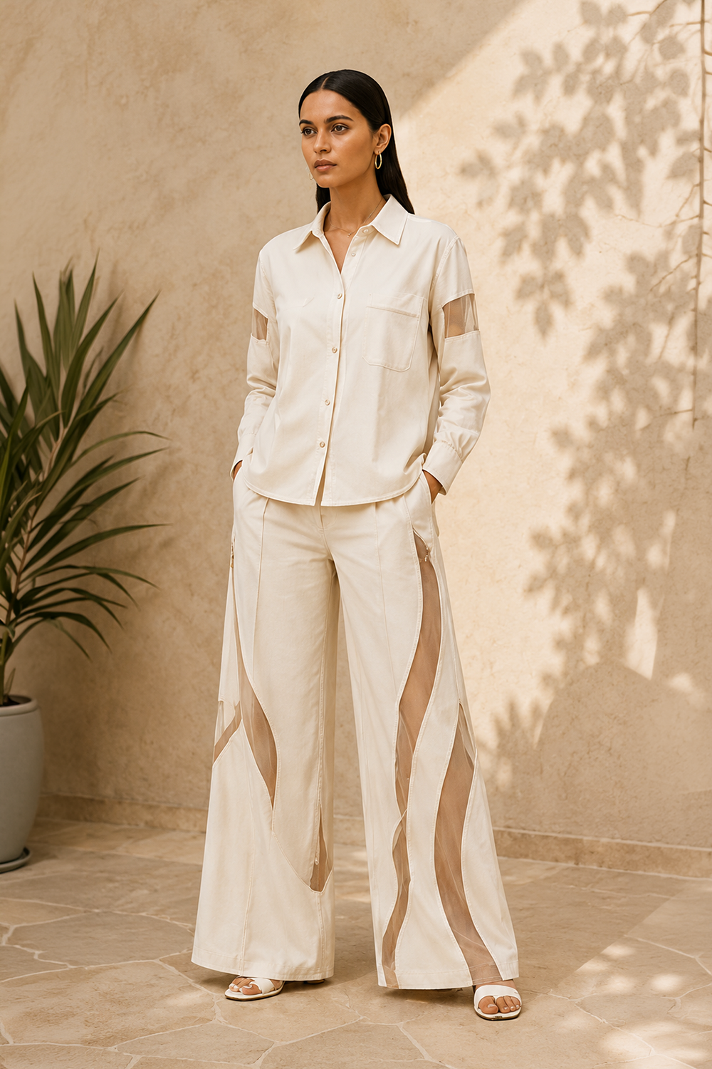 Ivory Cotton Blend Shirt & Wide-Leg Pants Co-Ord Set Main image