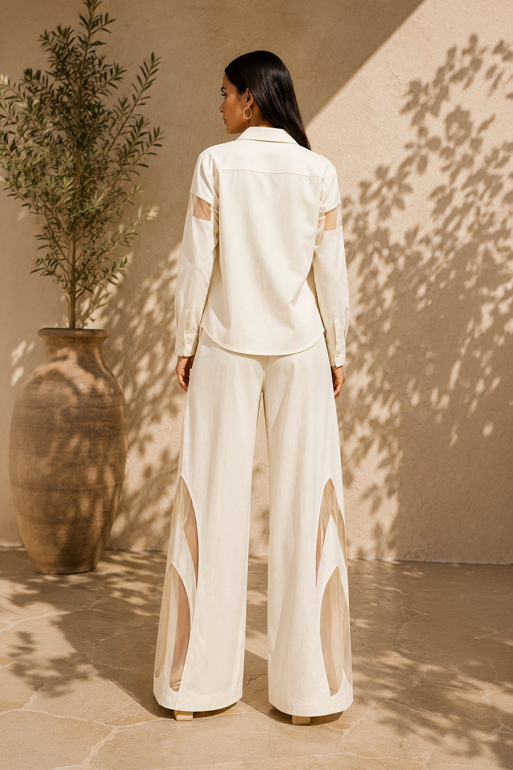Ivory Cotton Blend Shirt & Wide-Leg Pants Co-Ord Set Secondary image