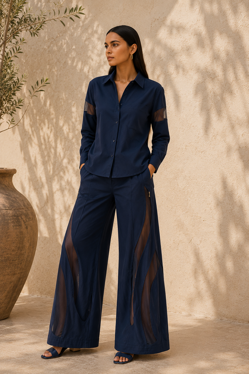 Premium Navy Blue Cotton Blend Designer Shirt & Wide-Leg Trouser Set Main image