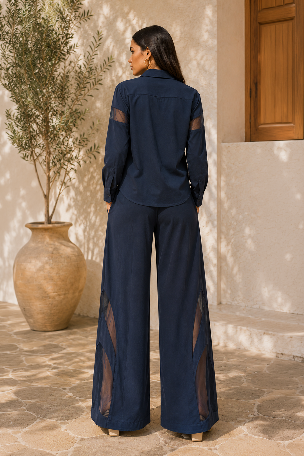 Premium Navy Blue Cotton Blend Designer Shirt & Wide-Leg Trouser Set Secondary image