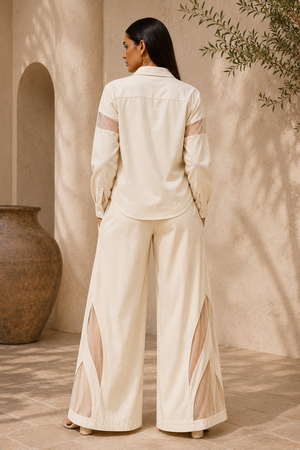 Ivory Cotton Blend Shirt & Wide-Leg Pants Co-Ord Set Secondary image