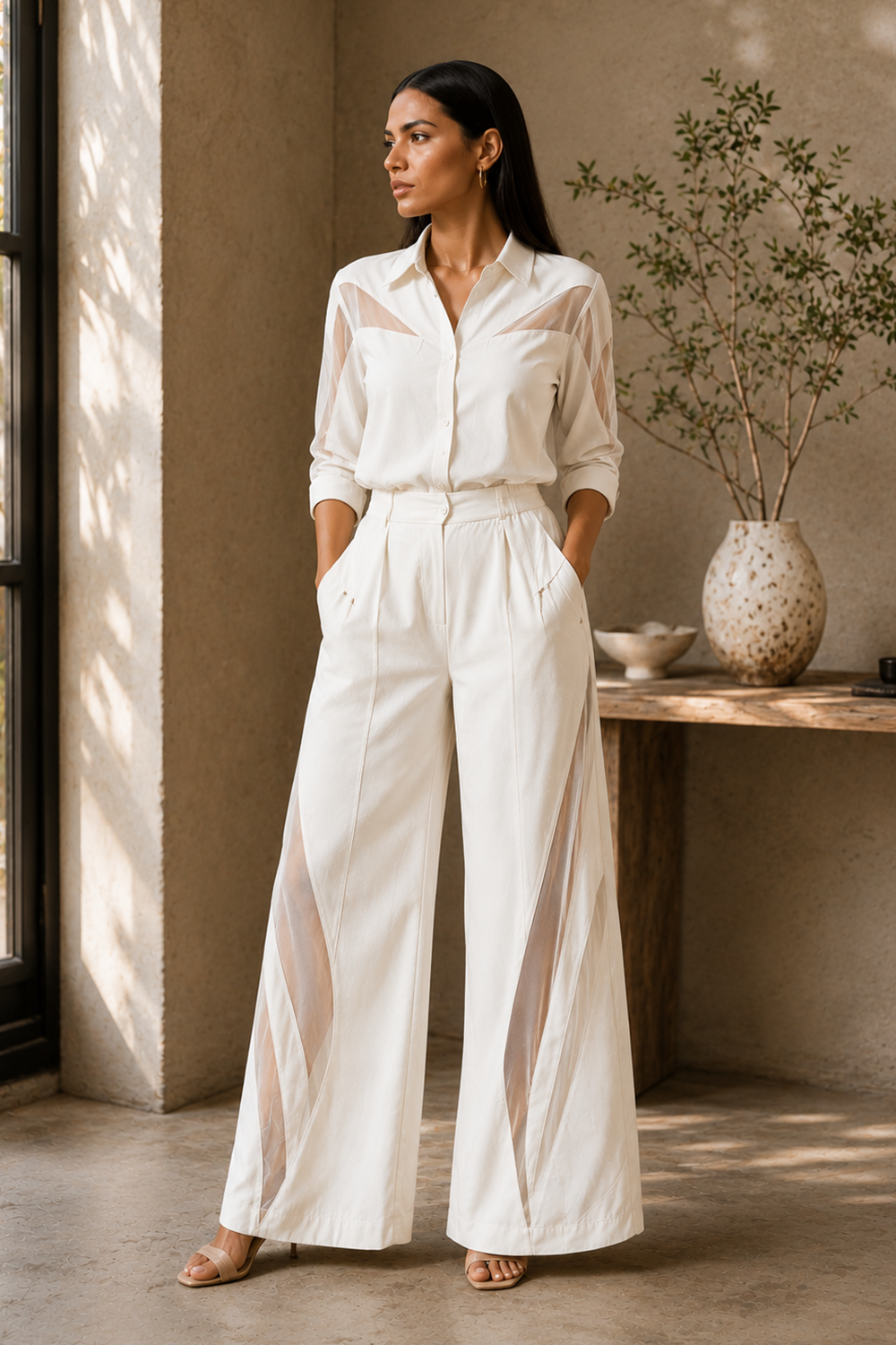 Ivory Cotton Blend Sheer Detail Shirt & Wide-Leg Pants Co-Ord Set for Women Main image