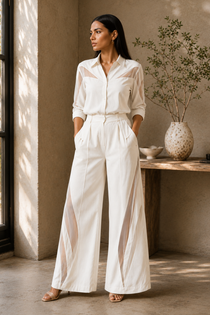 Ivory Cotton Blend Sheer Detail Shirt & Wide-Leg Pants Co-Ord Set for Women