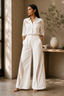 Ivory Cotton Blend Sheer Detail Shirt & Wide-Leg Pants Co-Ord Set for Women