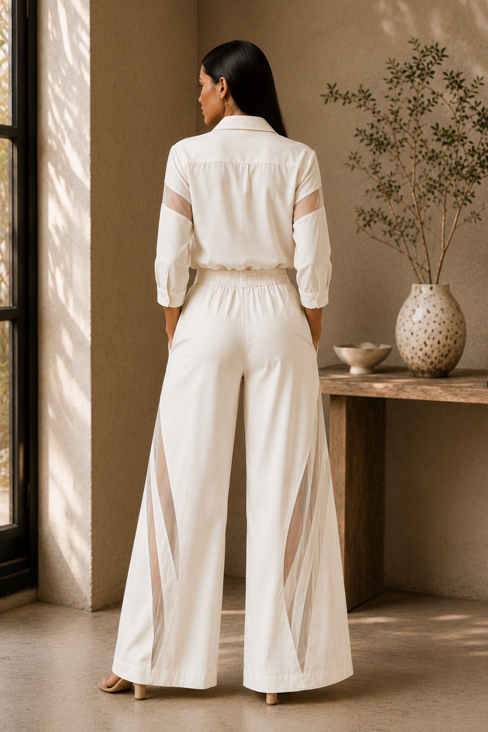 Ivory Cotton Blend Sheer Detail Shirt & Wide-Leg Pants Co-Ord Set for Women Secondary image