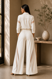 Ivory Cotton Blend Sheer Detail Shirt & Wide-Leg Pants Co-Ord Set for Women