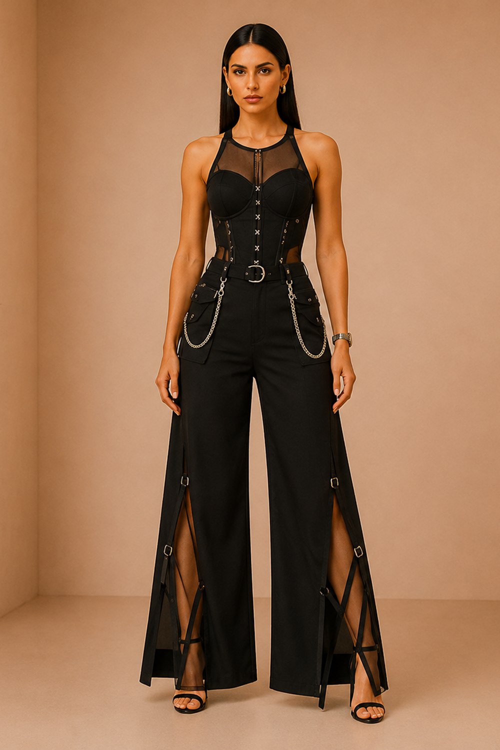 Black Chain Detail Corset Top & Statement Wide-Leg Pants Set Main image