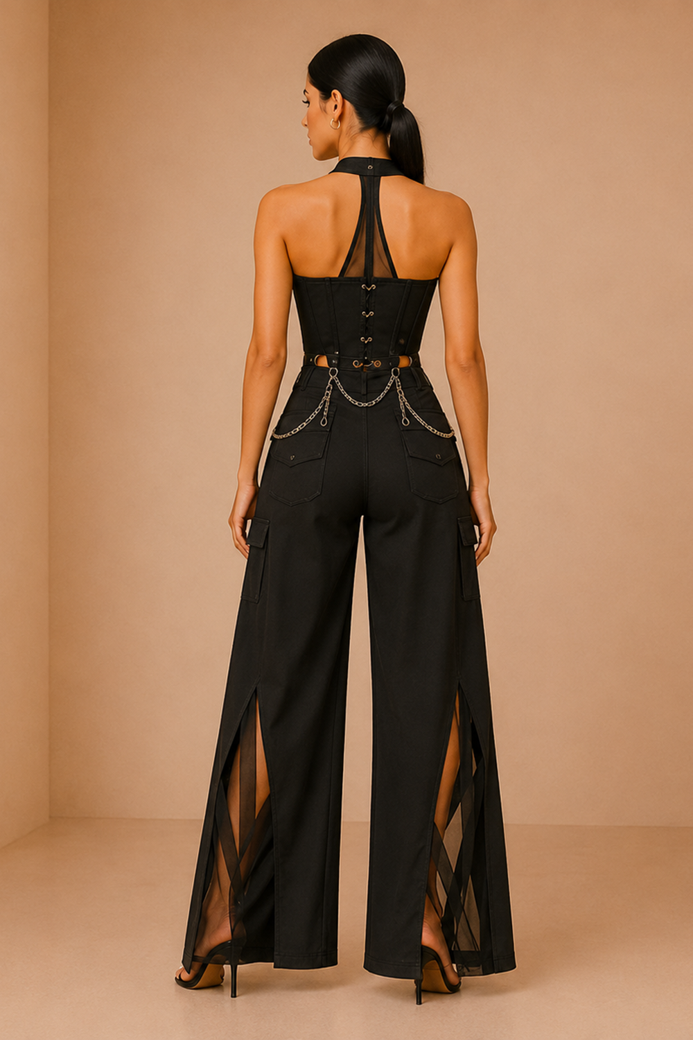 Black Chain Detail Corset Top & Statement Wide-Leg Pants Set Secondary image