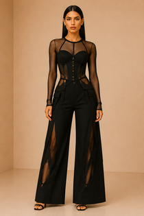 Black Mesh Corset Top & Wide-Leg Pants Co-Ord Set
