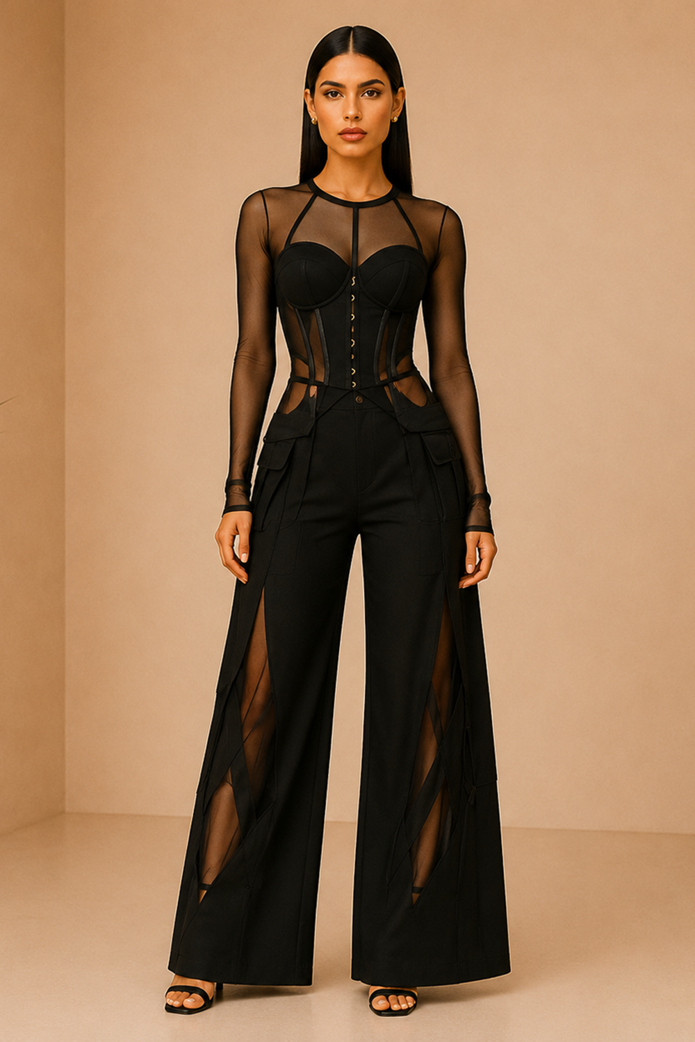 Black Mesh Corset Top & Wide-Leg Pants Co-Ord Set Main image