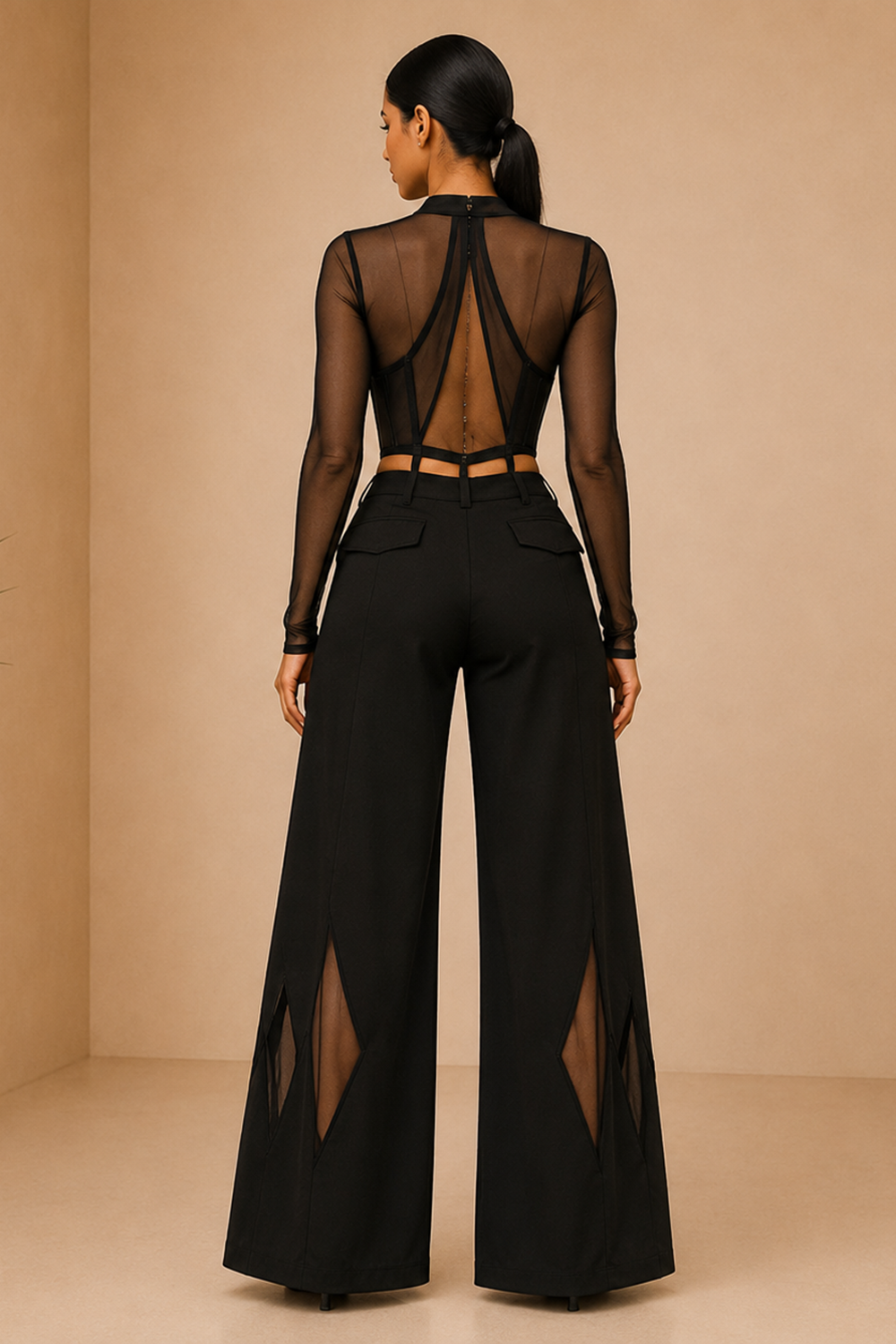 Black Mesh Corset Top & Wide-Leg Pants Co-Ord Set Secondary image