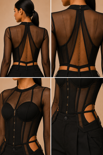 Black Mesh Corset Top & Wide-Leg Pants Co-Ord Set