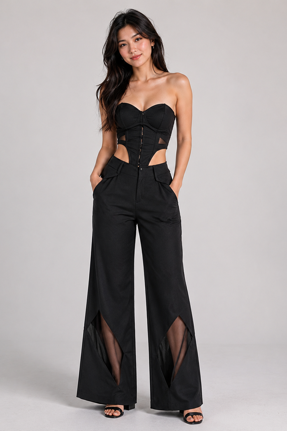 Black Strapless Cutout Waist Corset Top and Pant Main image