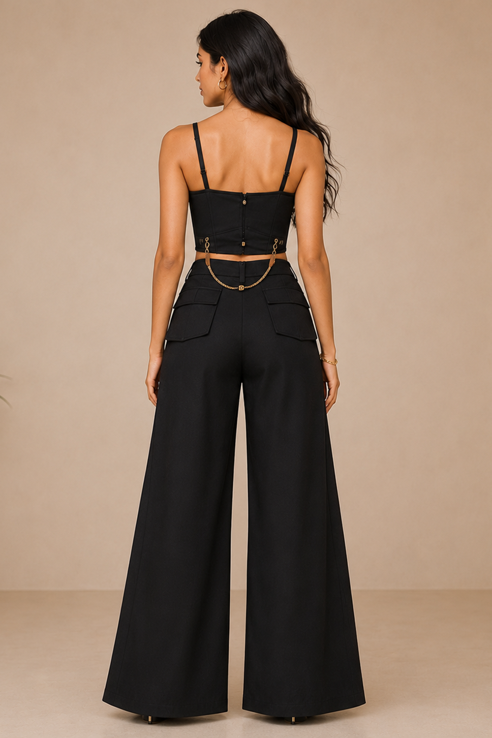 Black Corset Crop Top with Wide-Leg Mesh Cut-Out Pants Co-Ord Set Secondary image