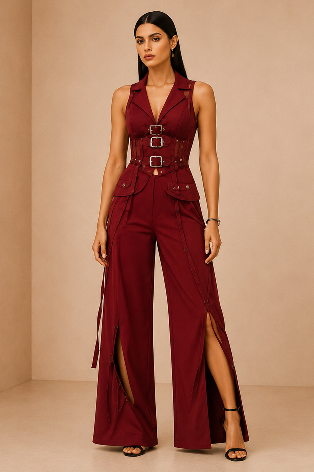 Blood Red Buckle Corset Top & Wide-Leg Wrap Pants Co-Ord Set Main image