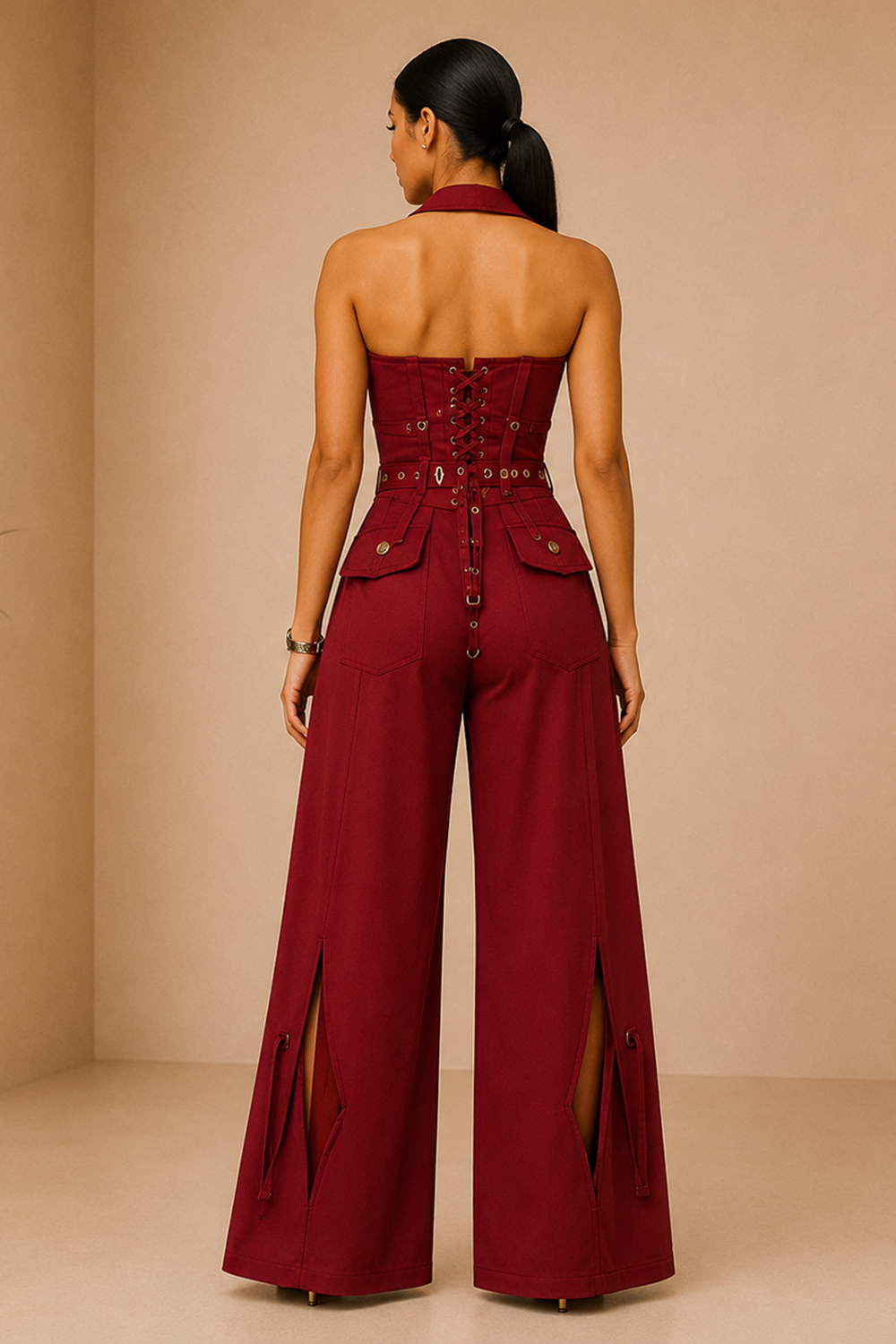 Blood Red Buckle Corset Top & Wide-Leg Wrap Pants Co-Ord Set Secondary image