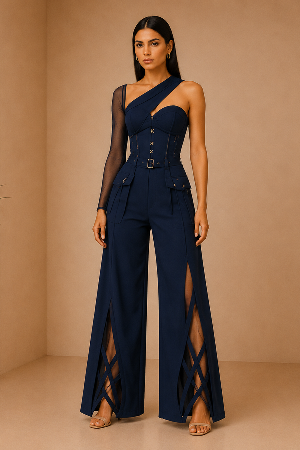 Deep Navy Asymmetric Corset Top & Split Wide-Leg Pants Co-Ord Set Main image