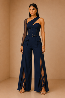 Deep Navy Asymmetric Corset Top & Split Wide-Leg Pants Co-Ord Set
