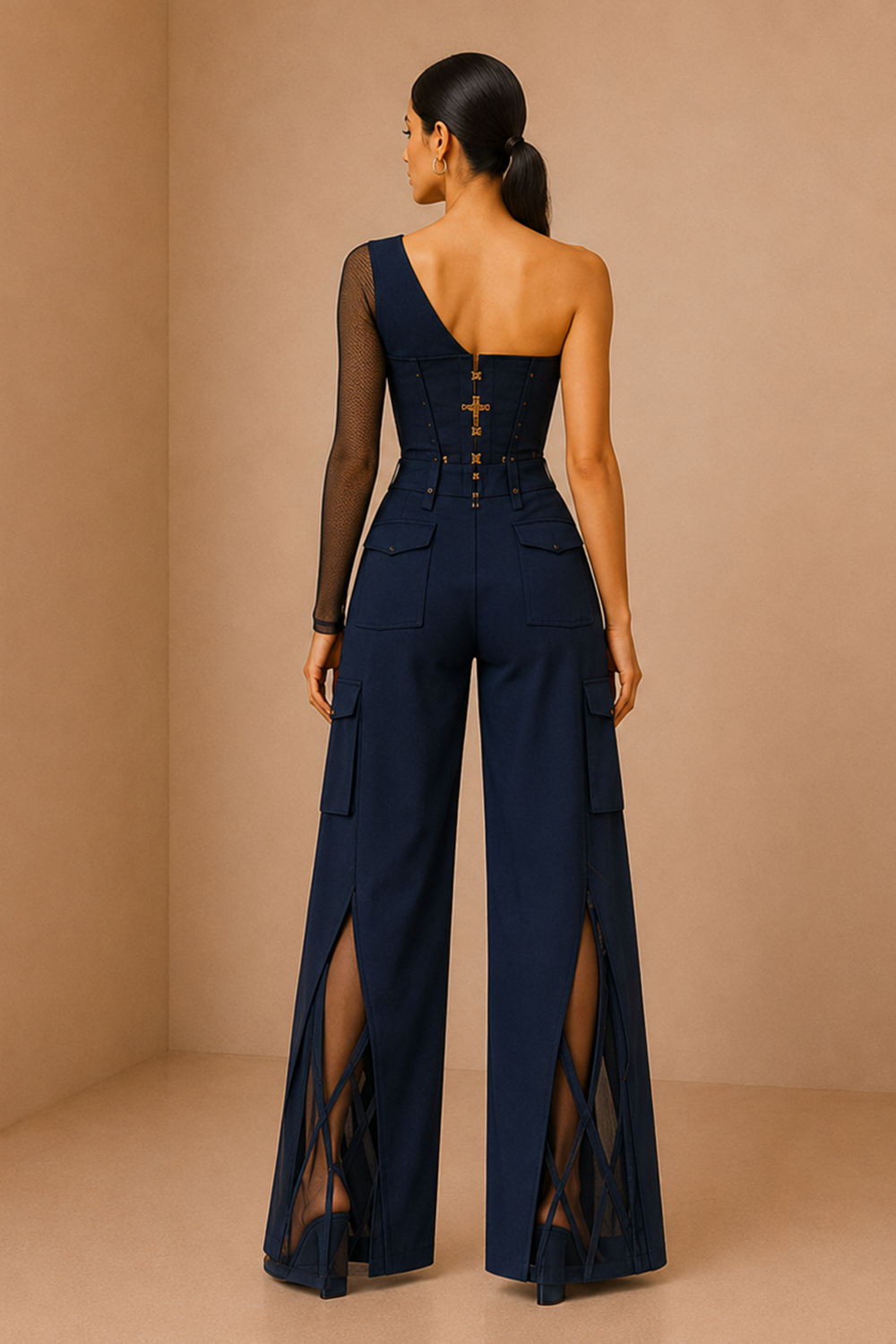 Deep Navy Asymmetric Corset Top & Split Wide-Leg Pants Co-Ord Set Secondary image