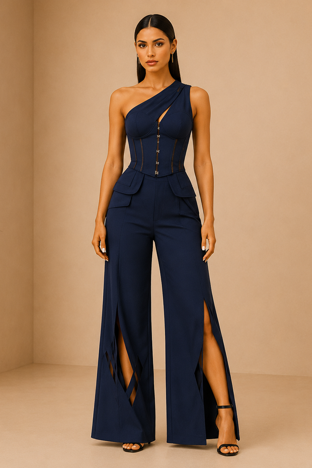 Deep Navy One-Shoulder Corset Top & Wide-Leg Pants Co-Ord Set Main image