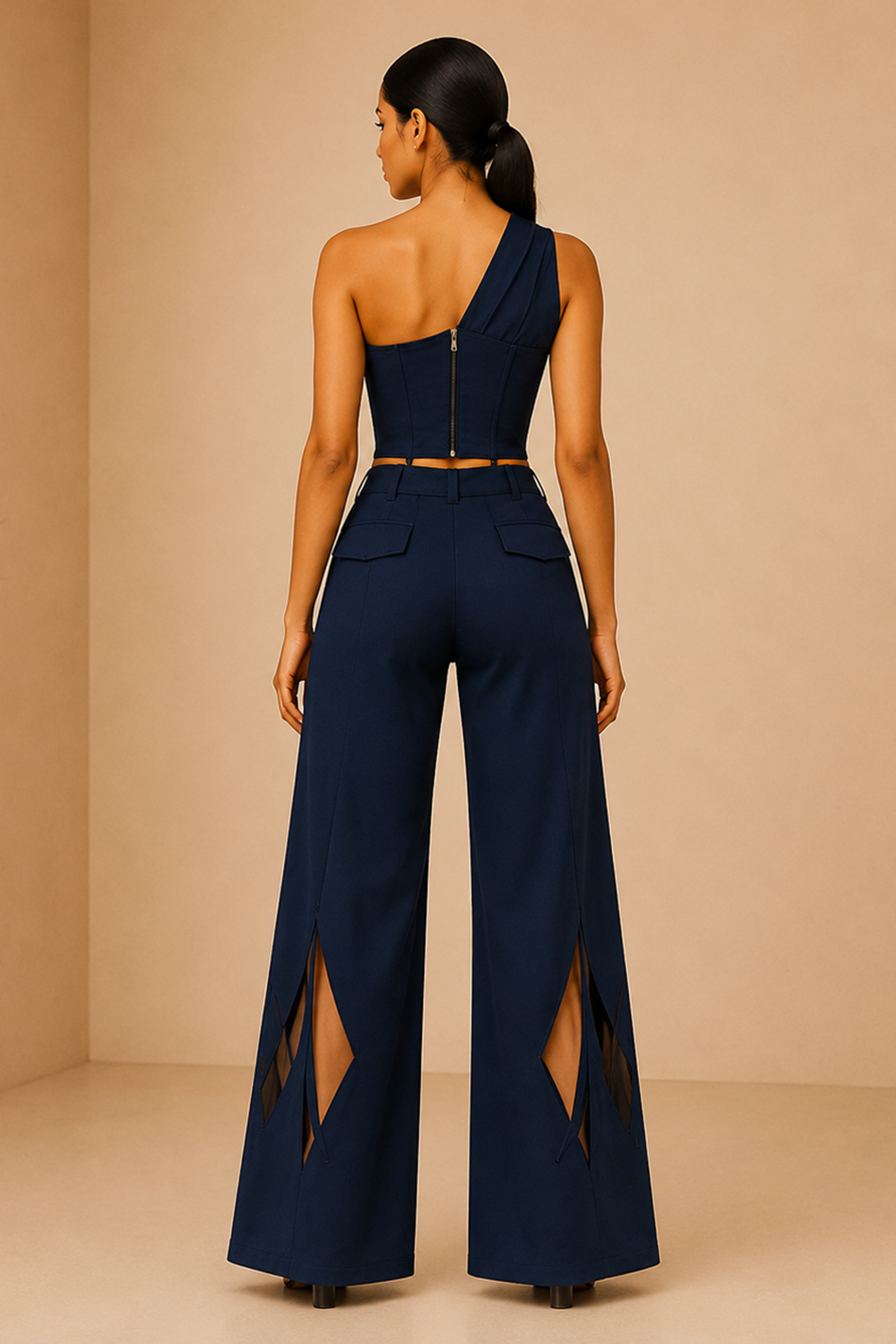 Deep Navy One-Shoulder Corset Top & Wide-Leg Pants Co-Ord Set Secondary image