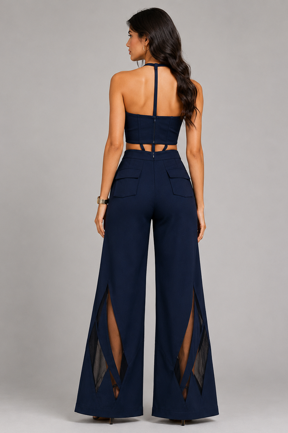 Deep Navy V-Wired Corset Top & Wide-Leg Pants Co-Ord Set Secondary image