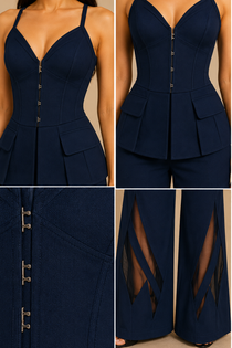 Deep Navy V-Wired Corset Top & Wide-Leg Pants Co-Ord Set