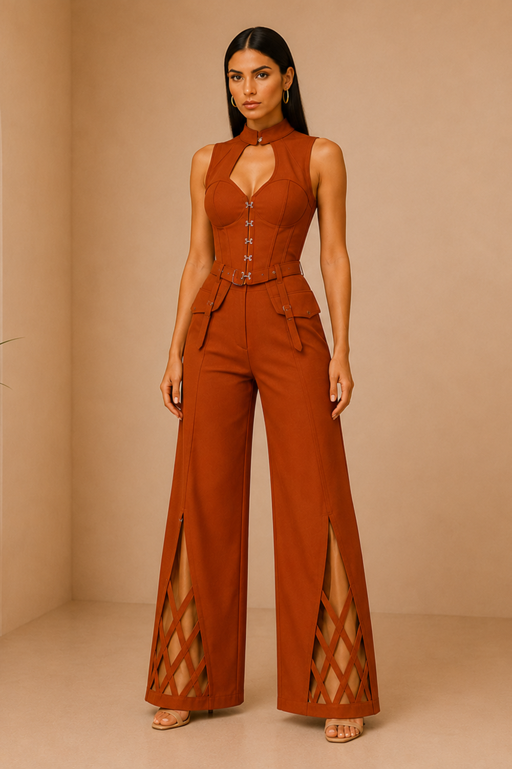 Desert Camel Corset Top & Cutout Wide-Leg Pants Co-Ord Set Main image