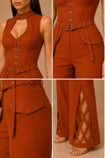 Desert Camel Corset Top & Cutout Wide-Leg Pants Co-Ord Set