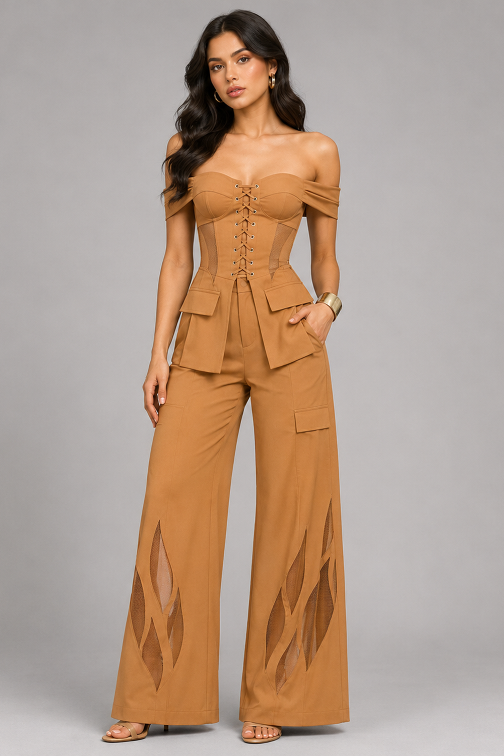 Desert Camel Off-Shoulder Fold Corset & Wide-Leg Pants Co-Ord Set Main image