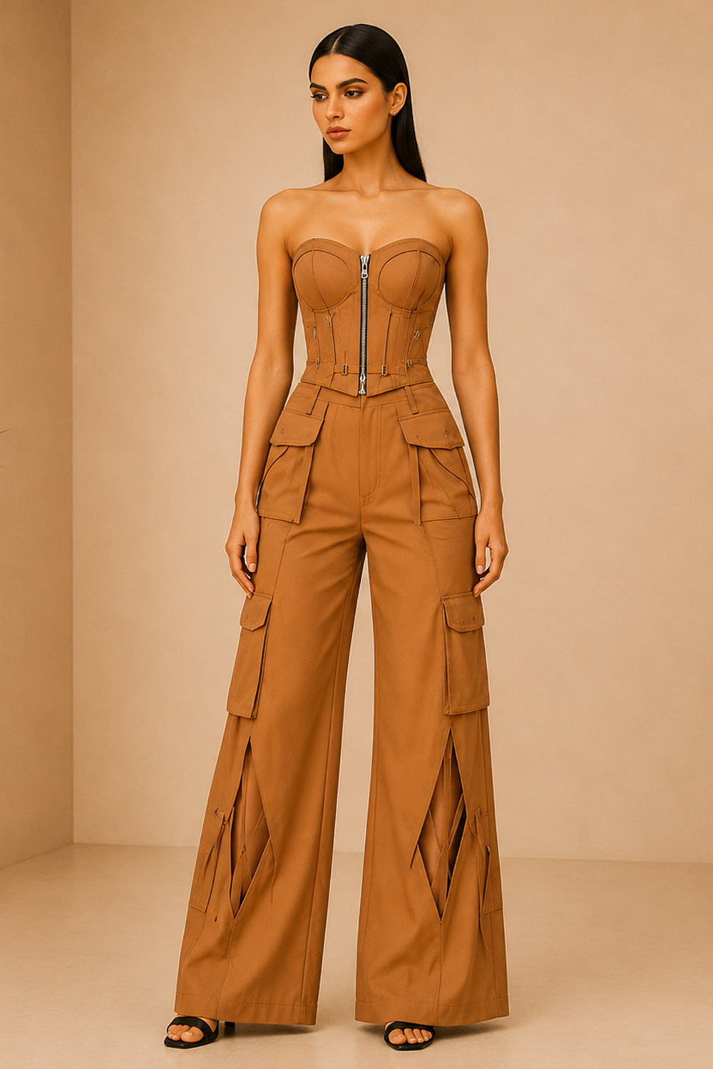 Desert Camel Zip-Up Corset Top & Cargo Pants Co-Ord Set Main image